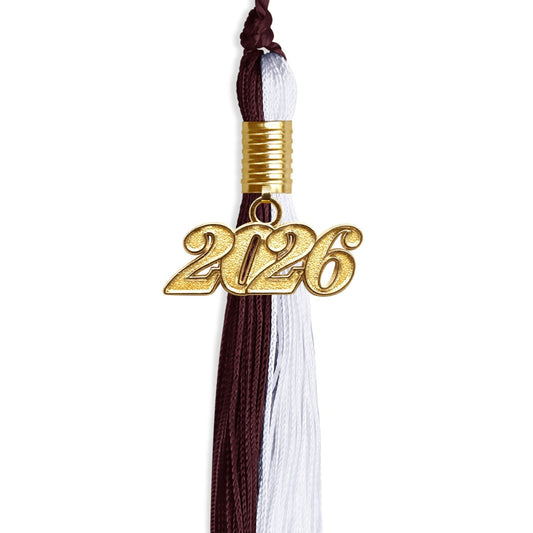 Maroon/White Graduation Tassel with Gold Bling Charm by Wholesale Grad Supply