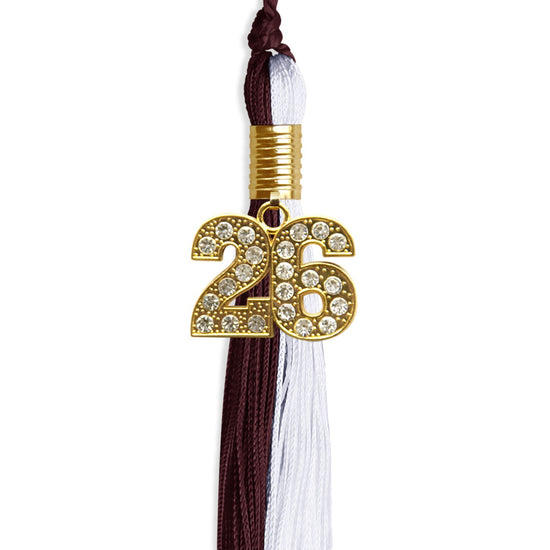 Maroon/White Graduation Tassel with Gold Bling Charm by Wholesale Grad Supply