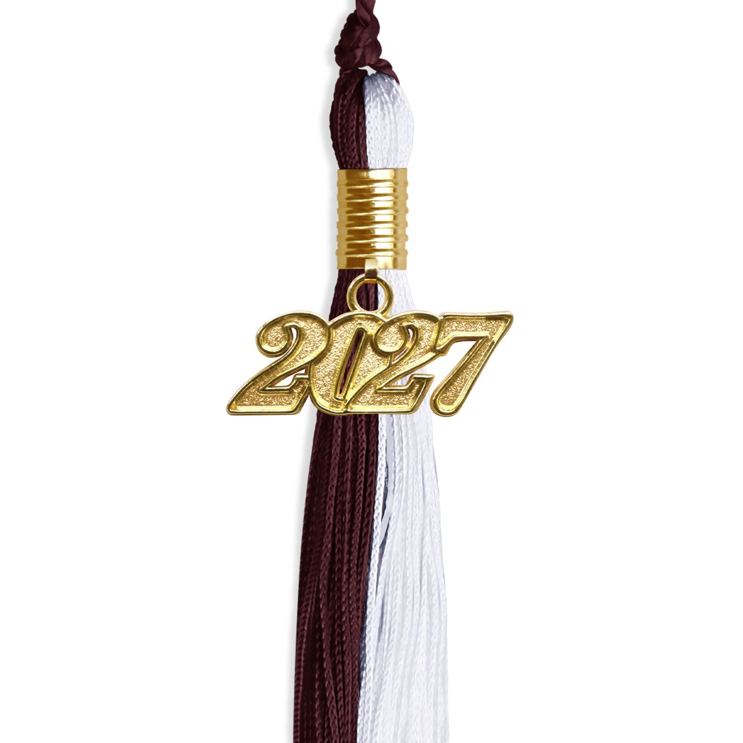 Maroon/White Graduation Tassel with Gold Bling Charm by Wholesale Grad Supply