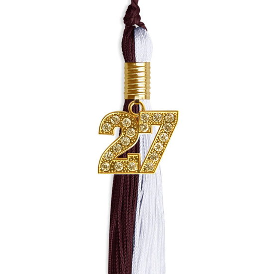 Maroon/White Graduation Tassel with Gold Bling Charm by Wholesale Grad Supply