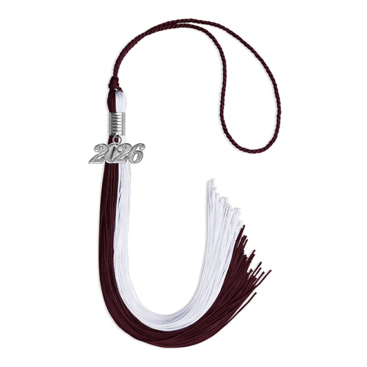 Maroon/White Graduation Tassel with Silver Bling Charm by Wholesale Grad Supply