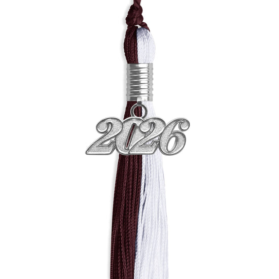 Maroon/White Graduation Tassel with Silver Bling Charm by Wholesale Grad Supply