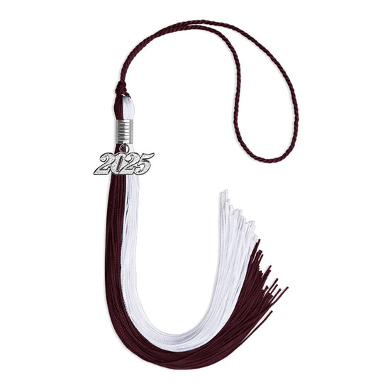 Maroon/White Graduation Tassel with Silver Bling Charm by Wholesale Grad Supply