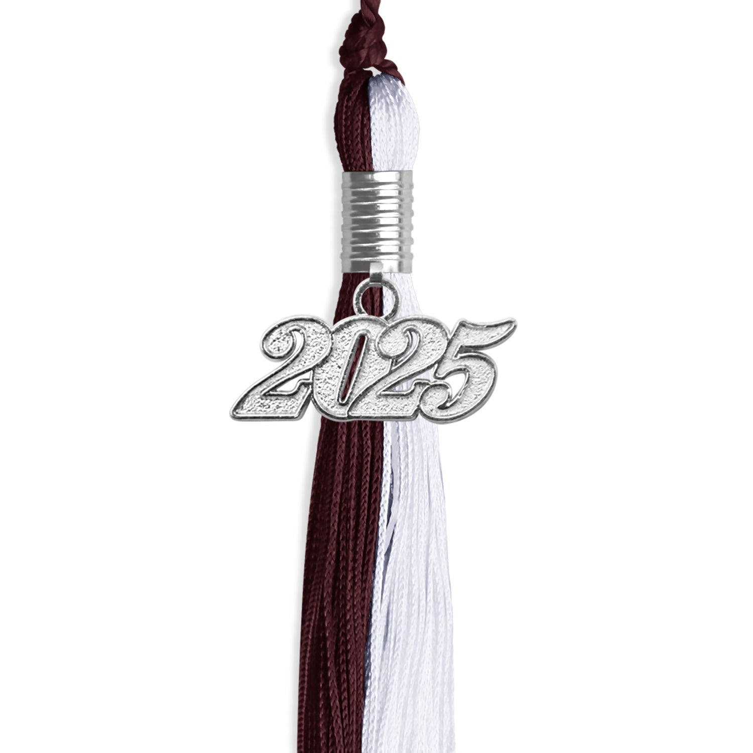 Maroon/White Graduation Tassel with Silver Bling Charm by Wholesale Grad Supply