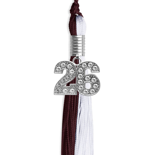 Maroon/White Graduation Tassel with Silver Bling Charm by Wholesale Grad Supply