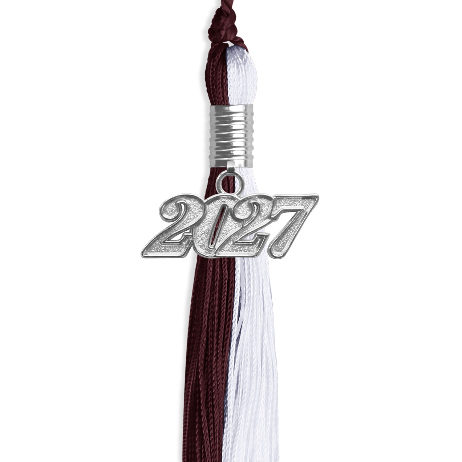 Maroon/White Graduation Tassel with Silver Bling Charm by Wholesale Grad Supply