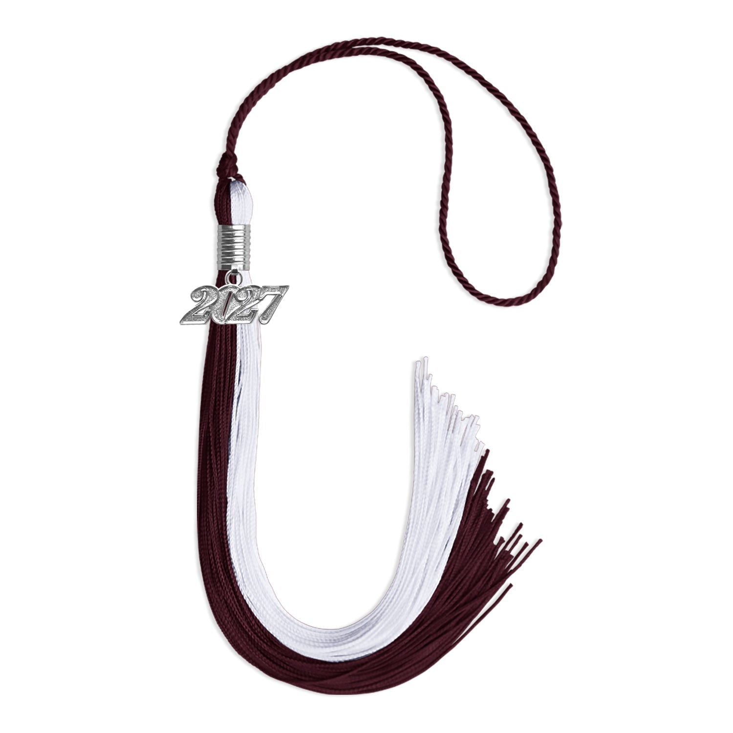Maroon/White Graduation Tassel with Silver Bling Charm by Wholesale Grad Supply