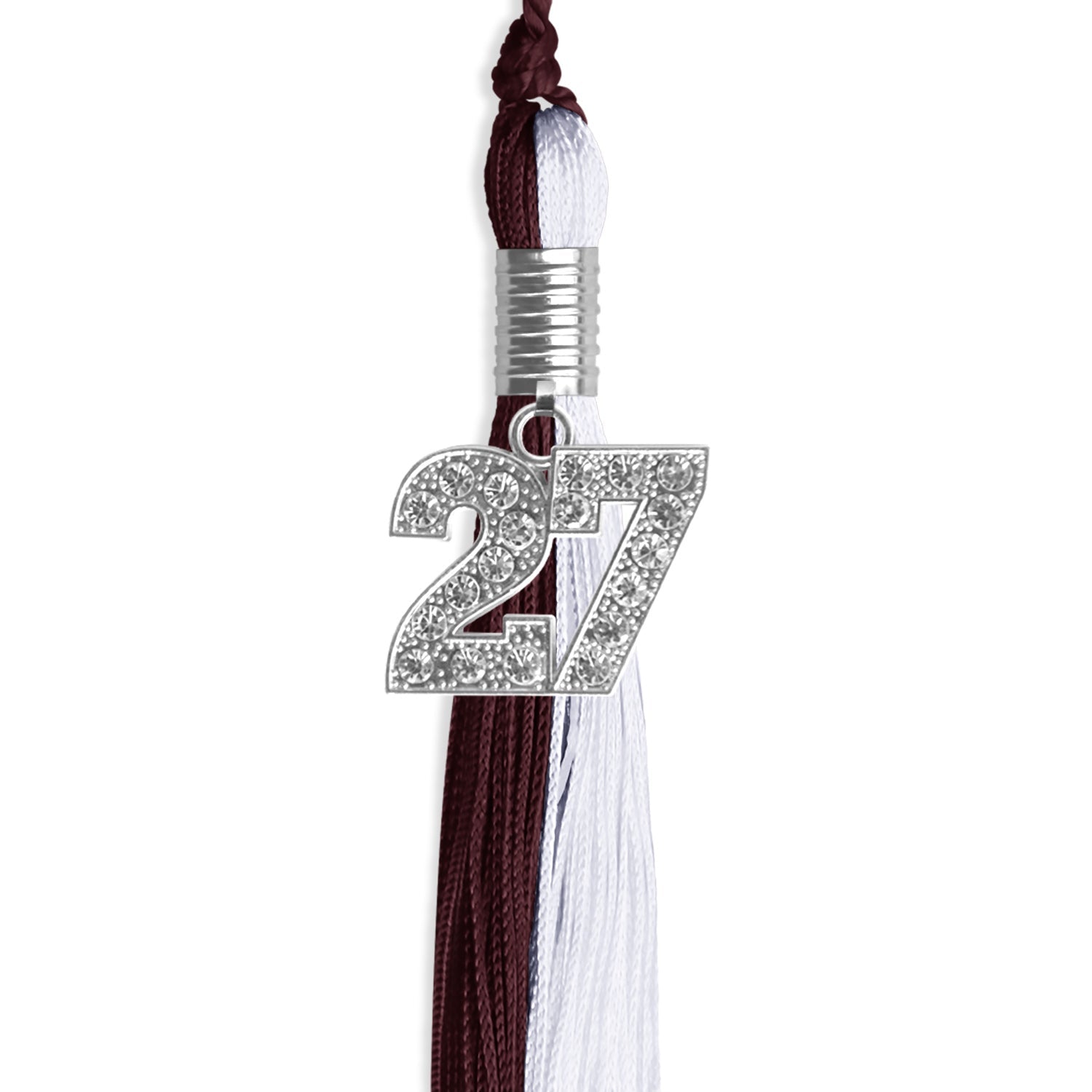Maroon/White Graduation Tassel with Silver Bling Charm by Wholesale Grad Supply