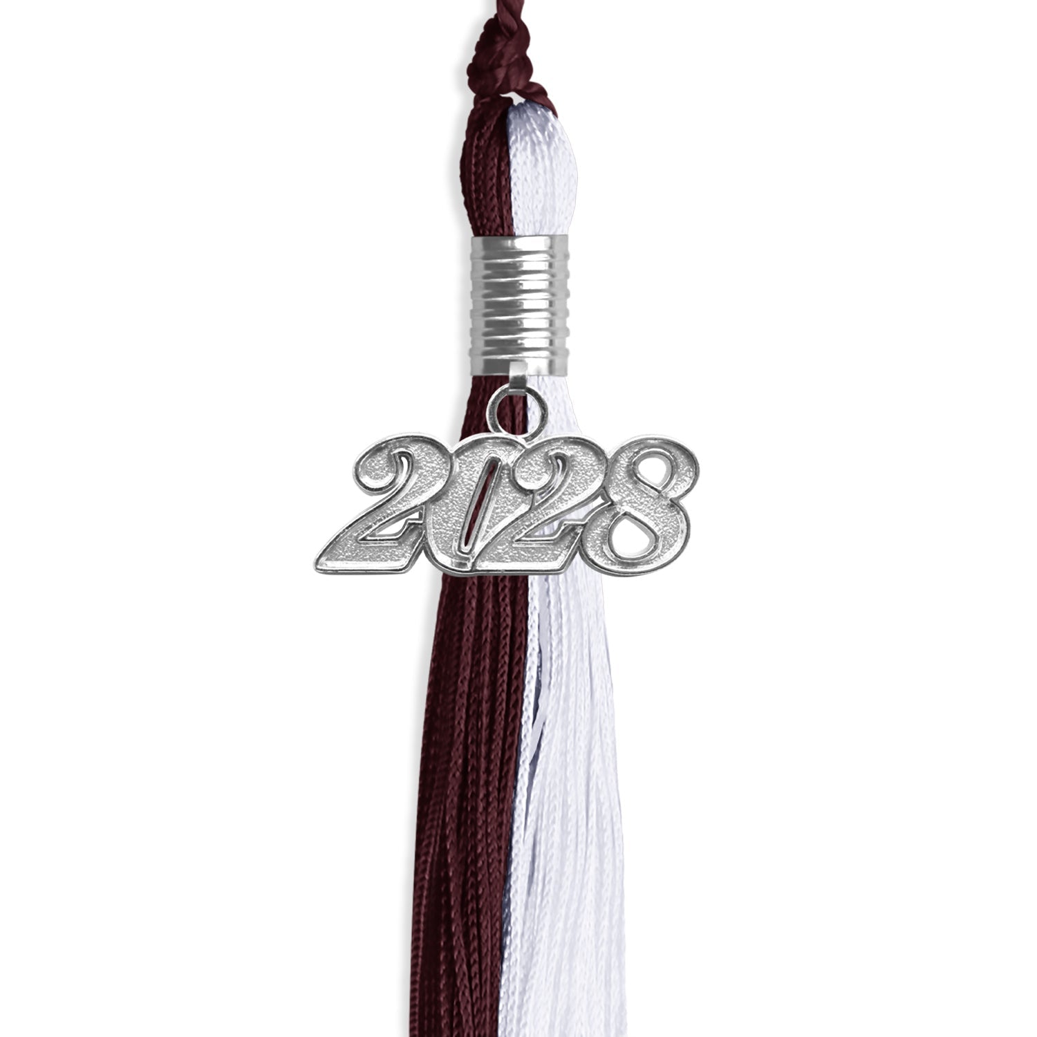 Maroon/White Graduation Tassel with Silver Bling Charm by Wholesale Grad Supply