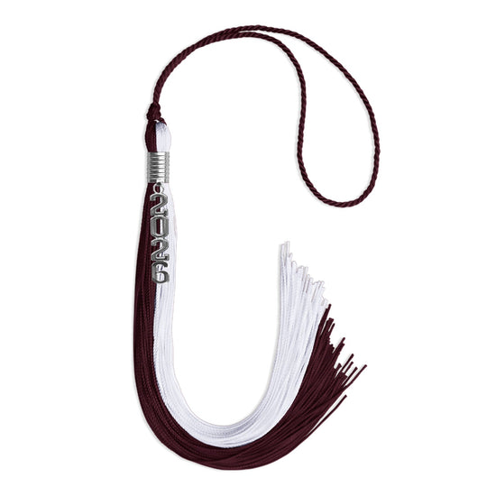 Maroon/White Graduation Tassel with Silver Stacked Date Drop by Wholesale Grad Supply