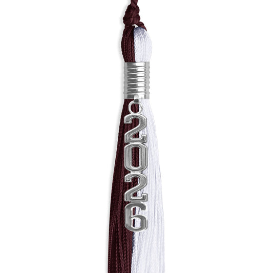 Maroon/White Graduation Tassel with Silver Stacked Date Drop by Wholesale Grad Supply
