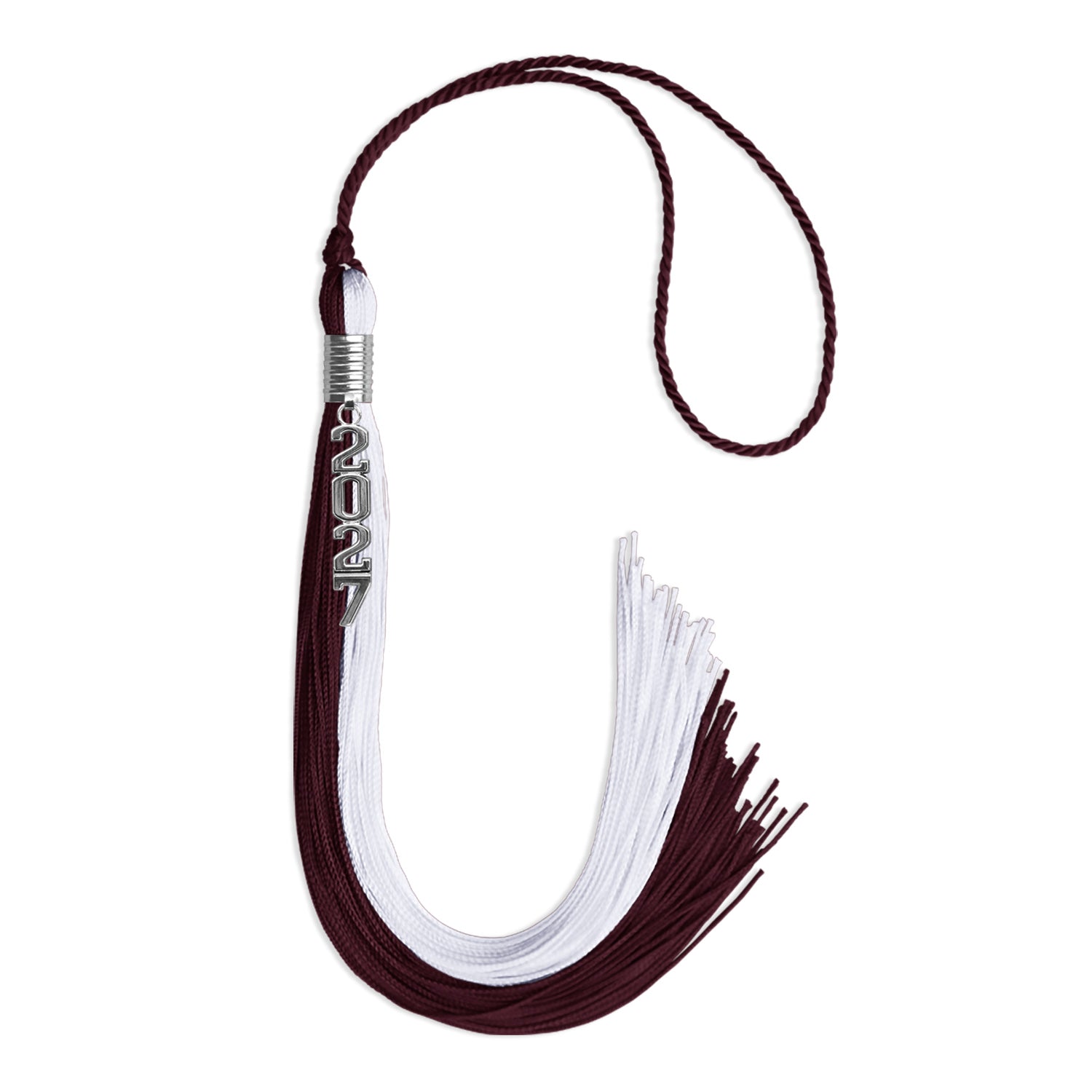 Maroon/White Graduation Tassel with Silver Stacked Date Drop by Wholesale Grad Supply