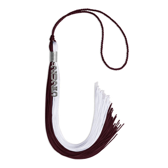 Maroon/White Graduation Tassel with Silver Stacked Date Drop by Wholesale Grad Supply