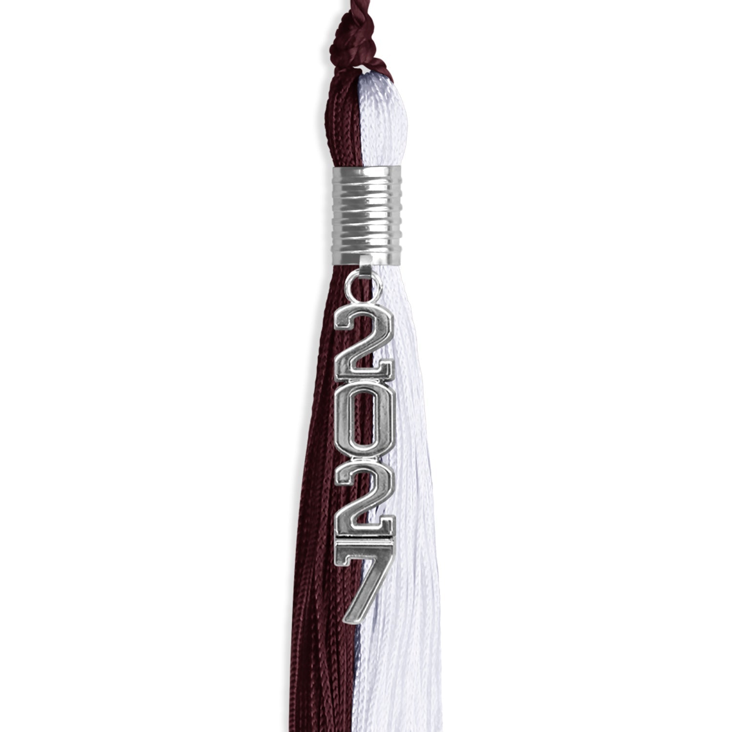 Maroon/White Graduation Tassel with Silver Stacked Date Drop by Wholesale Grad Supply
