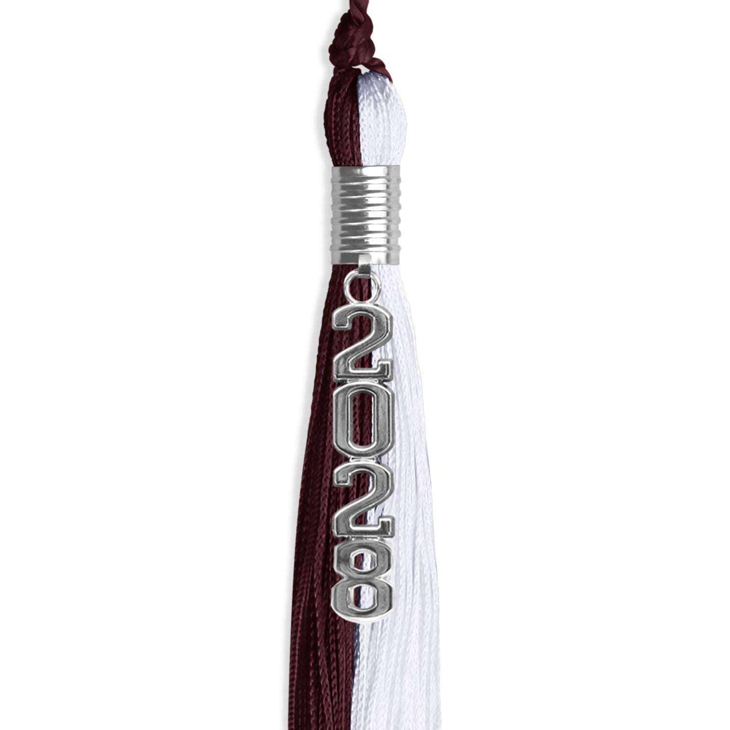 Maroon/White Graduation Tassel with Silver Stacked Date Drop by Wholesale Grad Supply