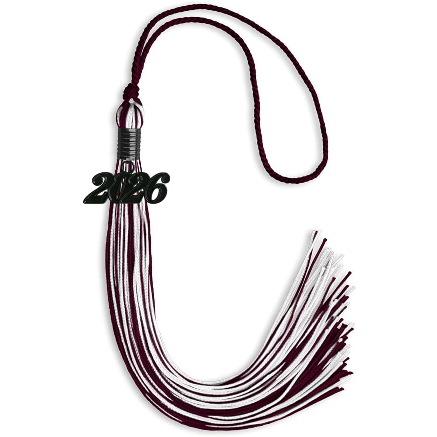 Maroon/White Mixed Color Graduation Tassel with Black Bling Charm by Wholesale Grad Supply