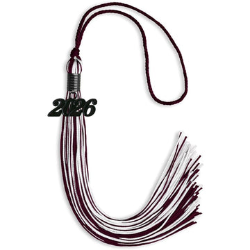 Maroon/White Mixed Color Graduation Tassel with Black Bling Charm by Wholesale Grad Supply