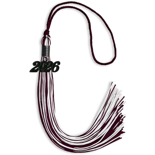 Maroon/White Mixed Color Graduation Tassel with Black Bling Charm by Wholesale Grad Supply