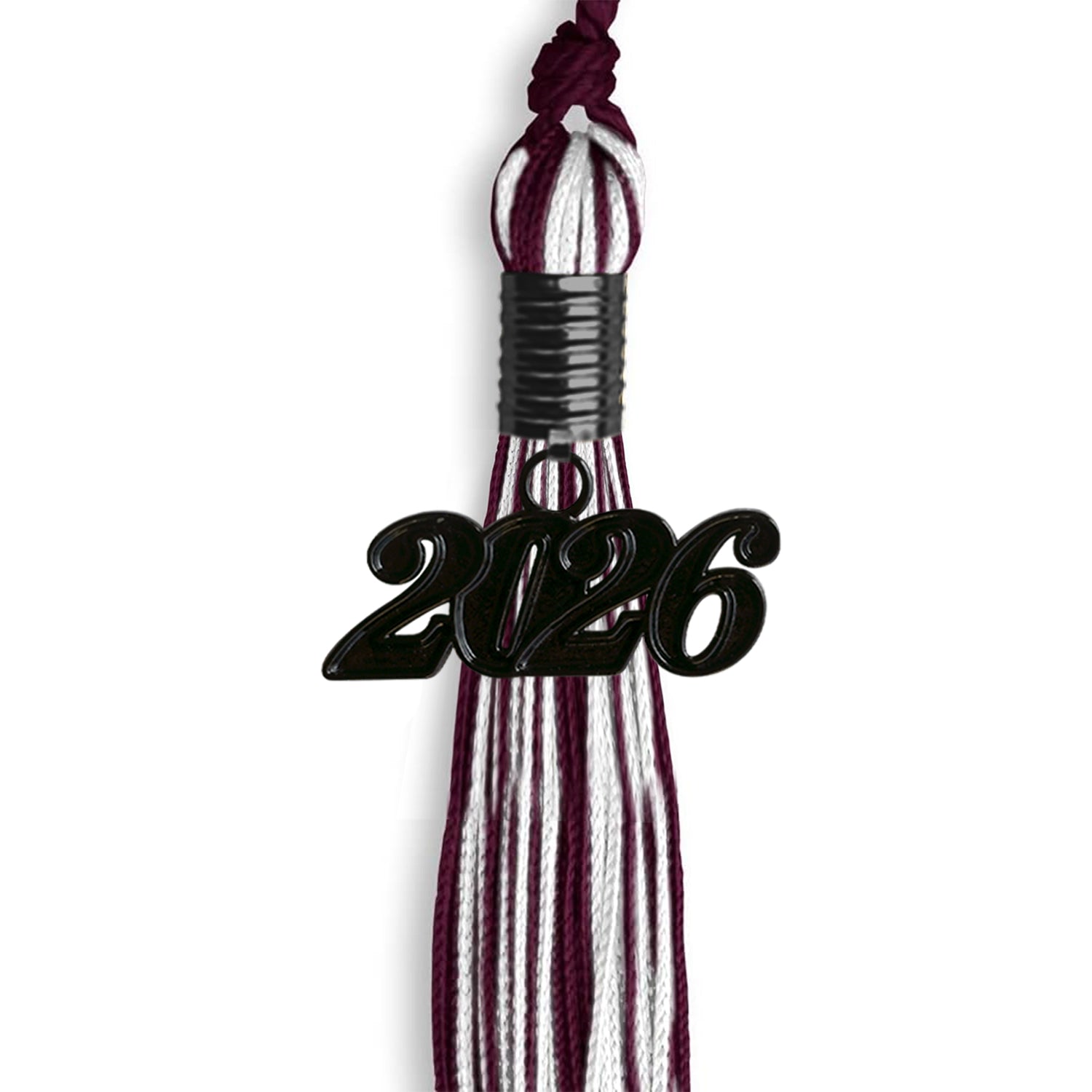 Maroon/White Mixed Color Graduation Tassel with Black Bling Charm by Wholesale Grad Supply