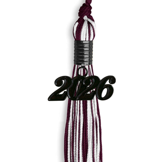 Maroon/White Mixed Color Graduation Tassel with Black Bling Charm by Wholesale Grad Supply