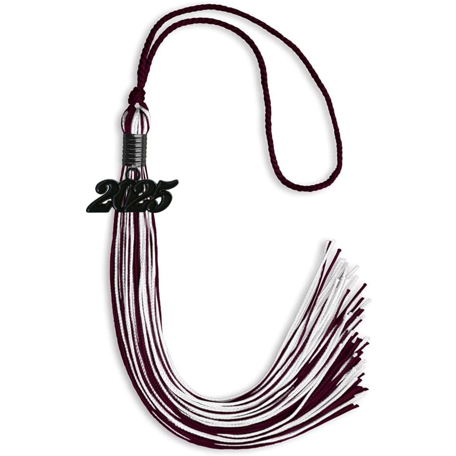Maroon/White Mixed Color Graduation Tassel with Black Bling Charm by Wholesale Grad Supply