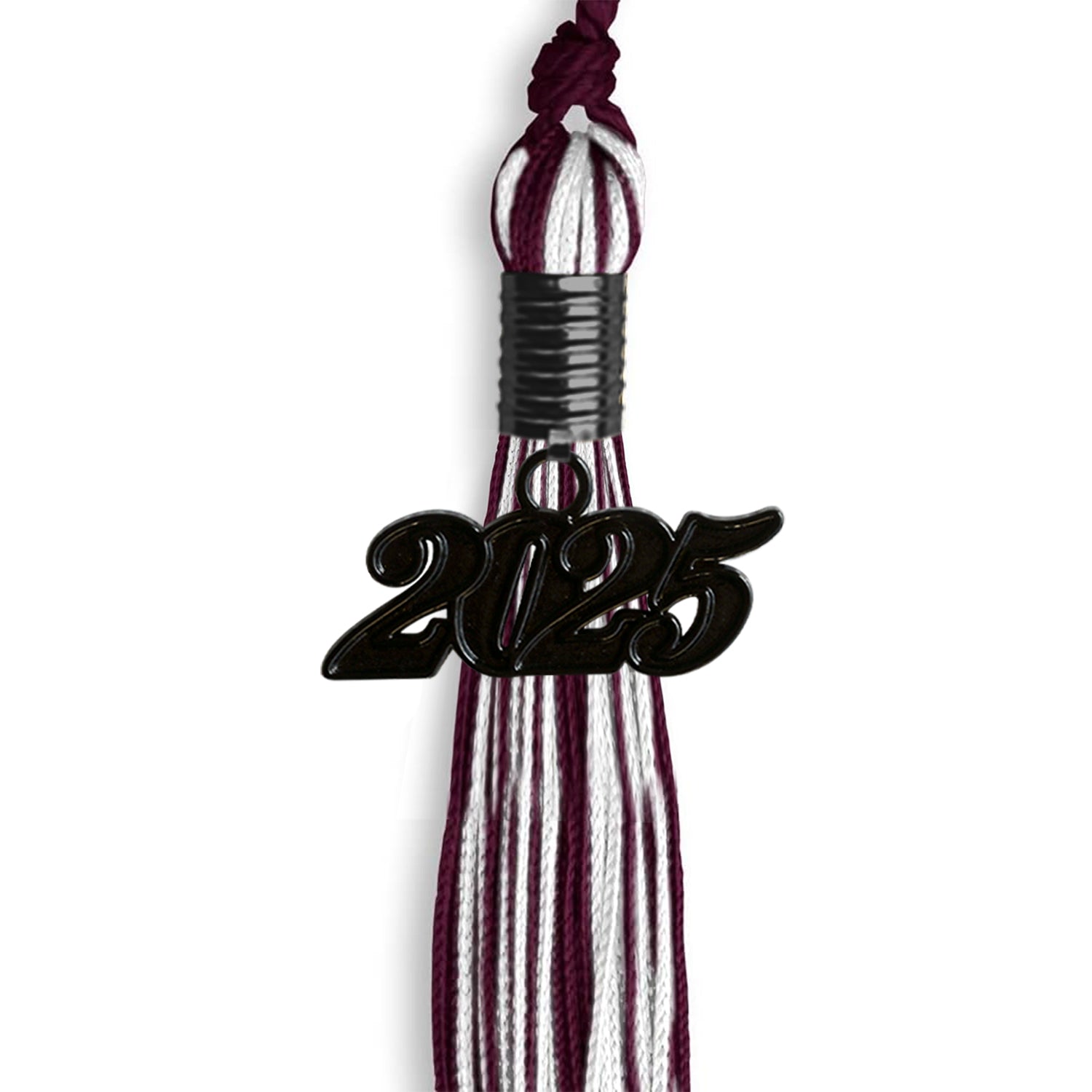 Maroon/White Mixed Color Graduation Tassel with Black Bling Charm by Wholesale Grad Supply