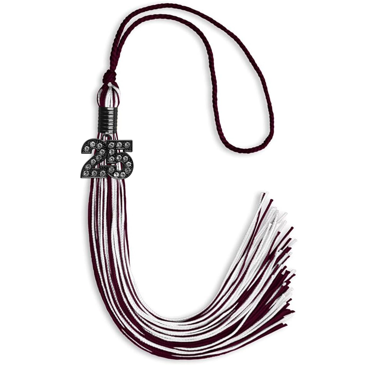 Maroon/White Mixed Color Graduation Tassel with Black Bling Charm by Wholesale Grad Supply