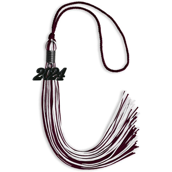 Maroon/White Mixed Color Graduation Tassel with Black Bling Charm by Wholesale Grad Supply