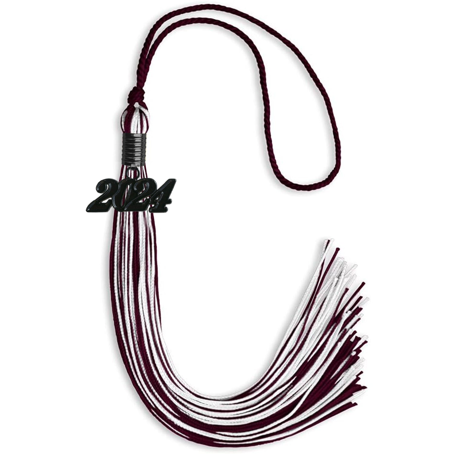 Maroon/White Mixed Color Graduation Tassel with Black Bling Charm by Wholesale Grad Supply