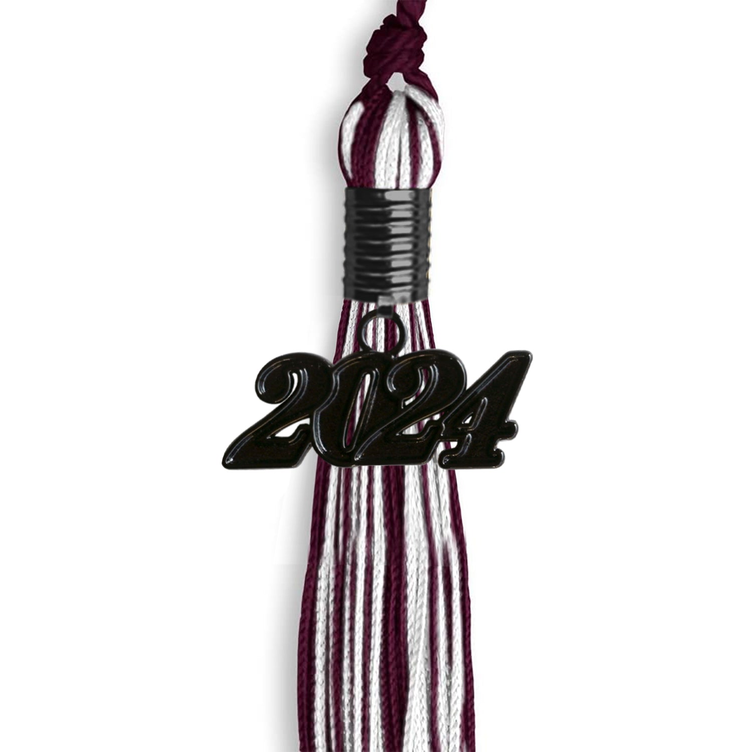 Maroon/White Mixed Color Graduation Tassel with Black Bling Charm by Wholesale Grad Supply