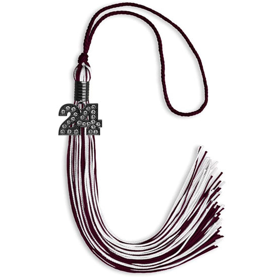 Maroon/White Mixed Color Graduation Tassel with Black Bling Charm by Wholesale Grad Supply