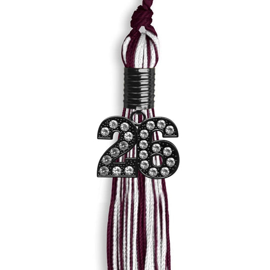 Maroon/White Mixed Color Graduation Tassel with Black Bling Charm by Wholesale Grad Supply