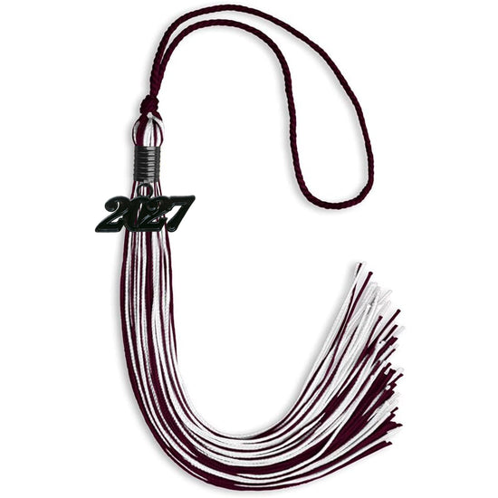 Maroon/White Mixed Color Graduation Tassel with Black Bling Charm by Wholesale Grad Supply