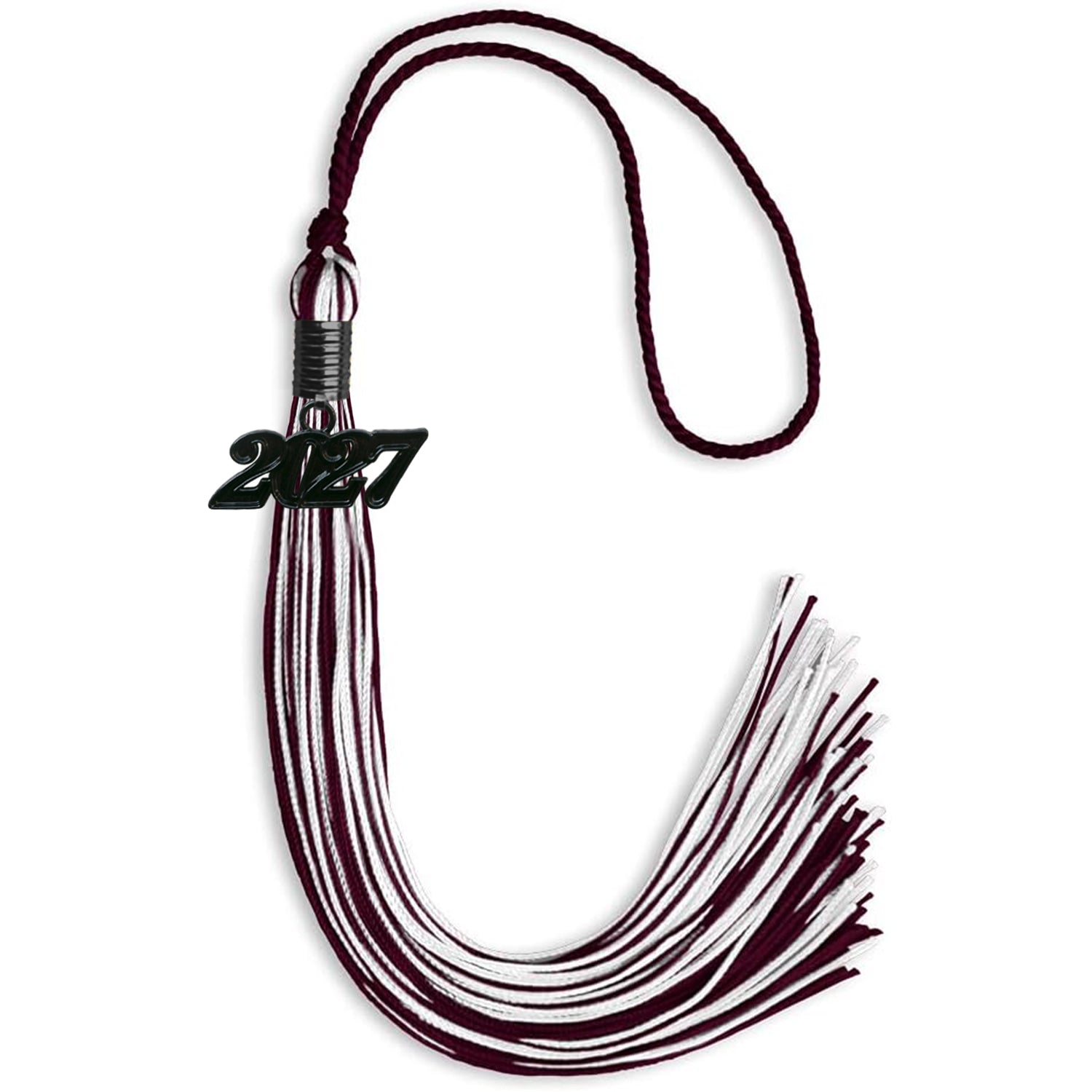 Maroon/White Mixed Color Graduation Tassel with Black Bling Charm by Wholesale Grad Supply