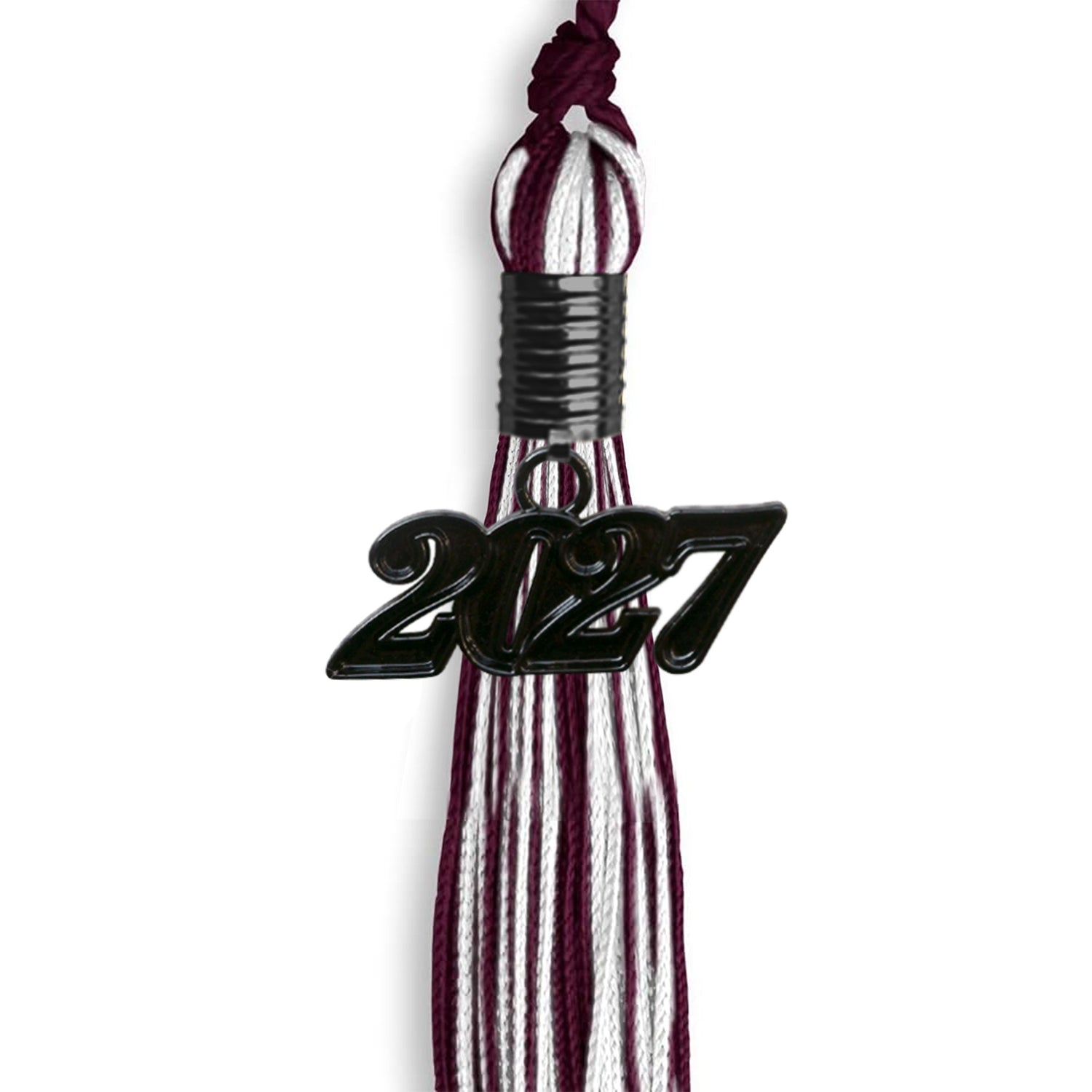 Maroon/White Mixed Color Graduation Tassel with Black Bling Charm by Wholesale Grad Supply