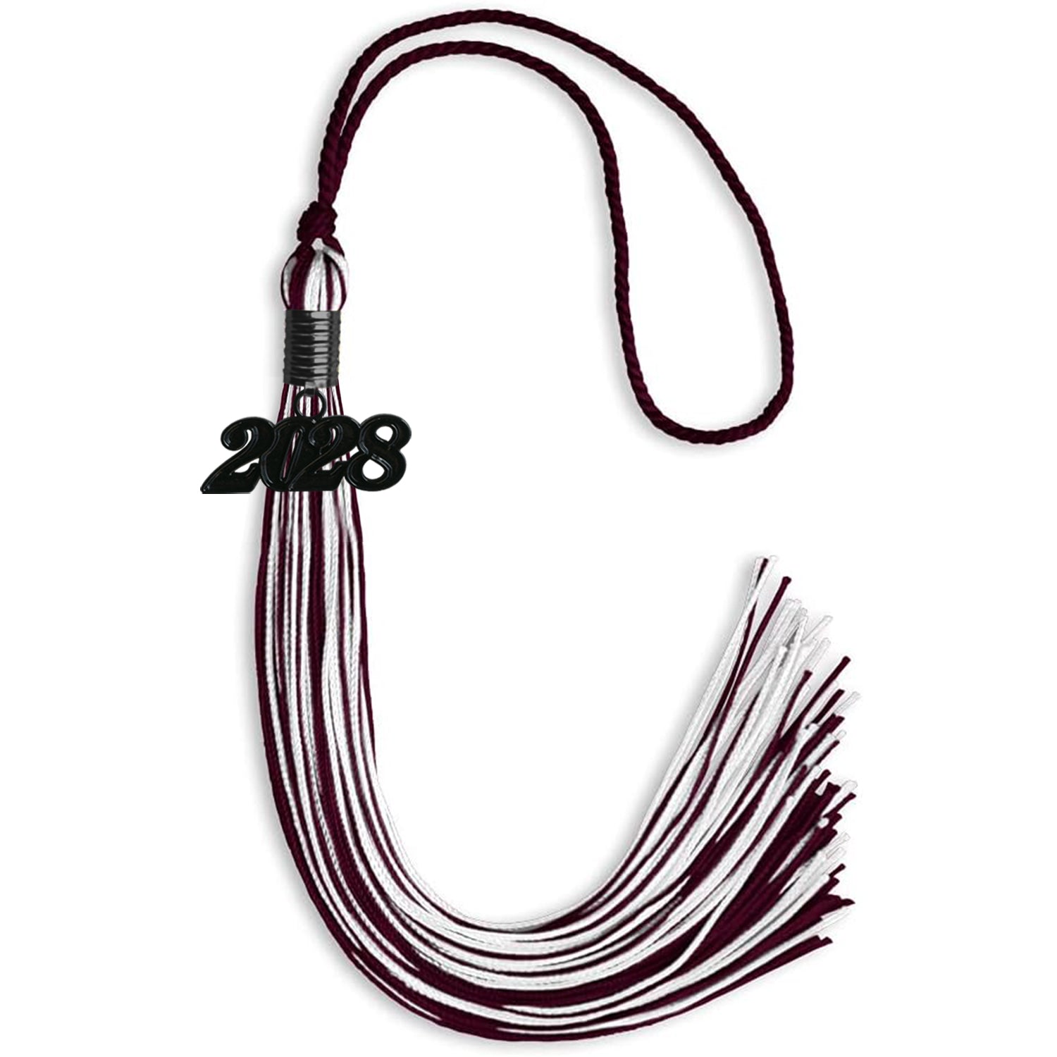 Maroon/White Mixed Color Graduation Tassel with Black Bling Charm by Wholesale Grad Supply