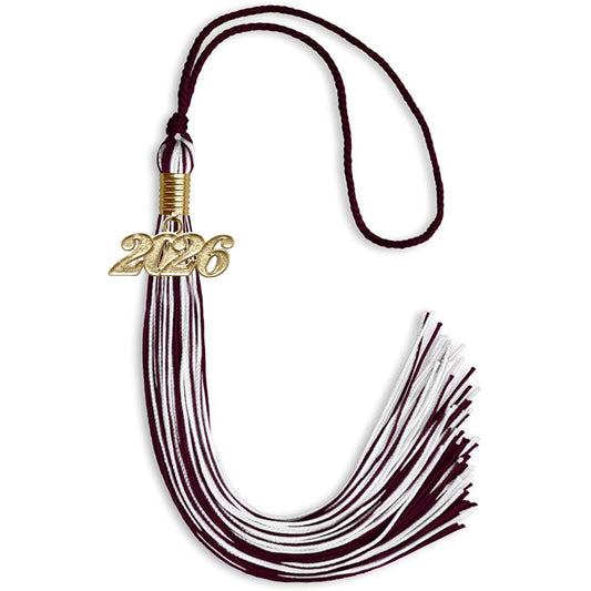 Maroon/White Mixed Color Graduation Tassel with Gold Bling Charm by Wholesale Grad Supply