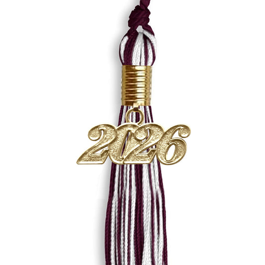 Maroon/White Mixed Color Graduation Tassel with Gold Bling Charm by Wholesale Grad Supply