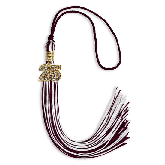 Maroon/White Mixed Color Graduation Tassel with Gold Bling Charm by Wholesale Grad Supply