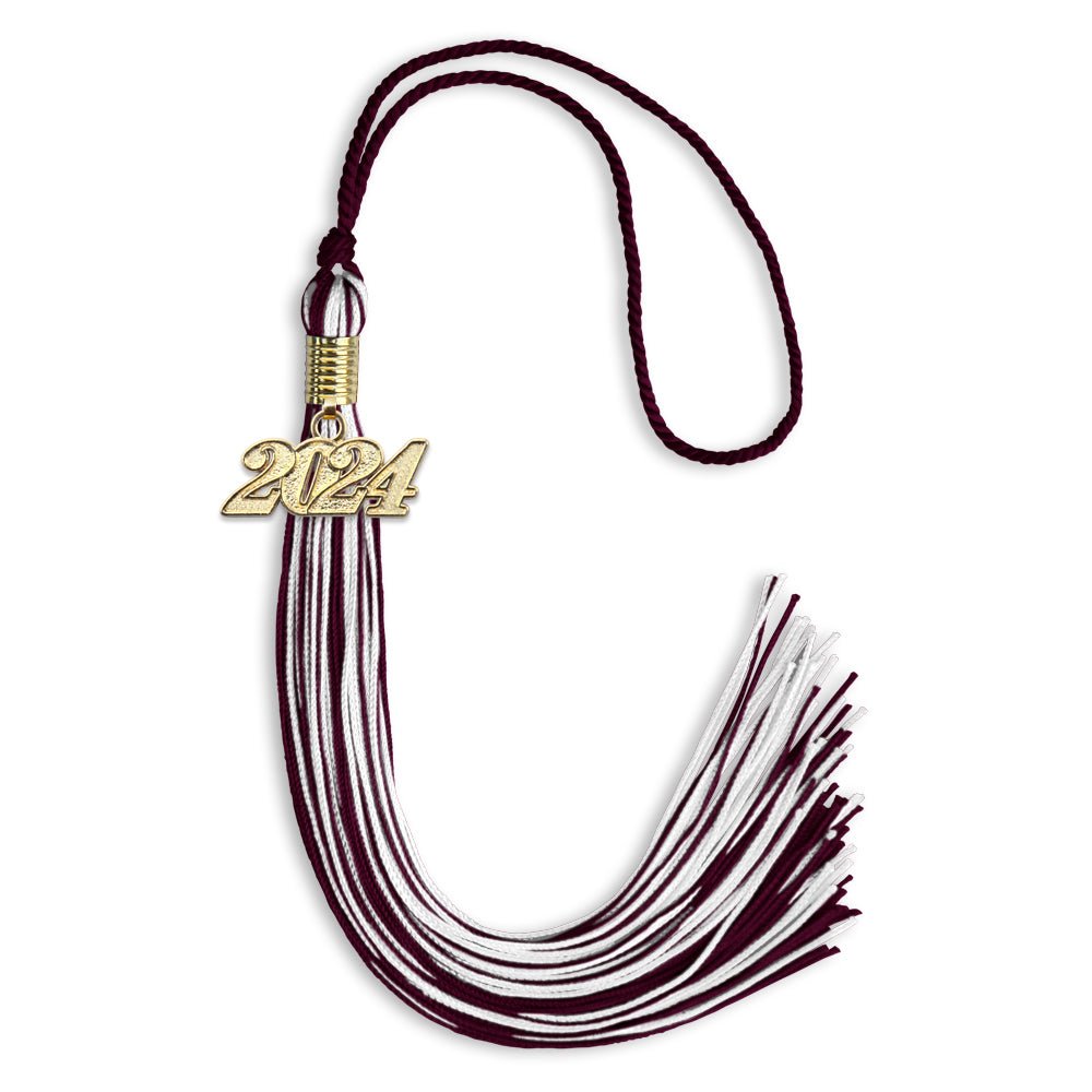 Maroon/White Mixed Color Graduation Tassel with Gold Bling Charm by Wholesale Grad Supply