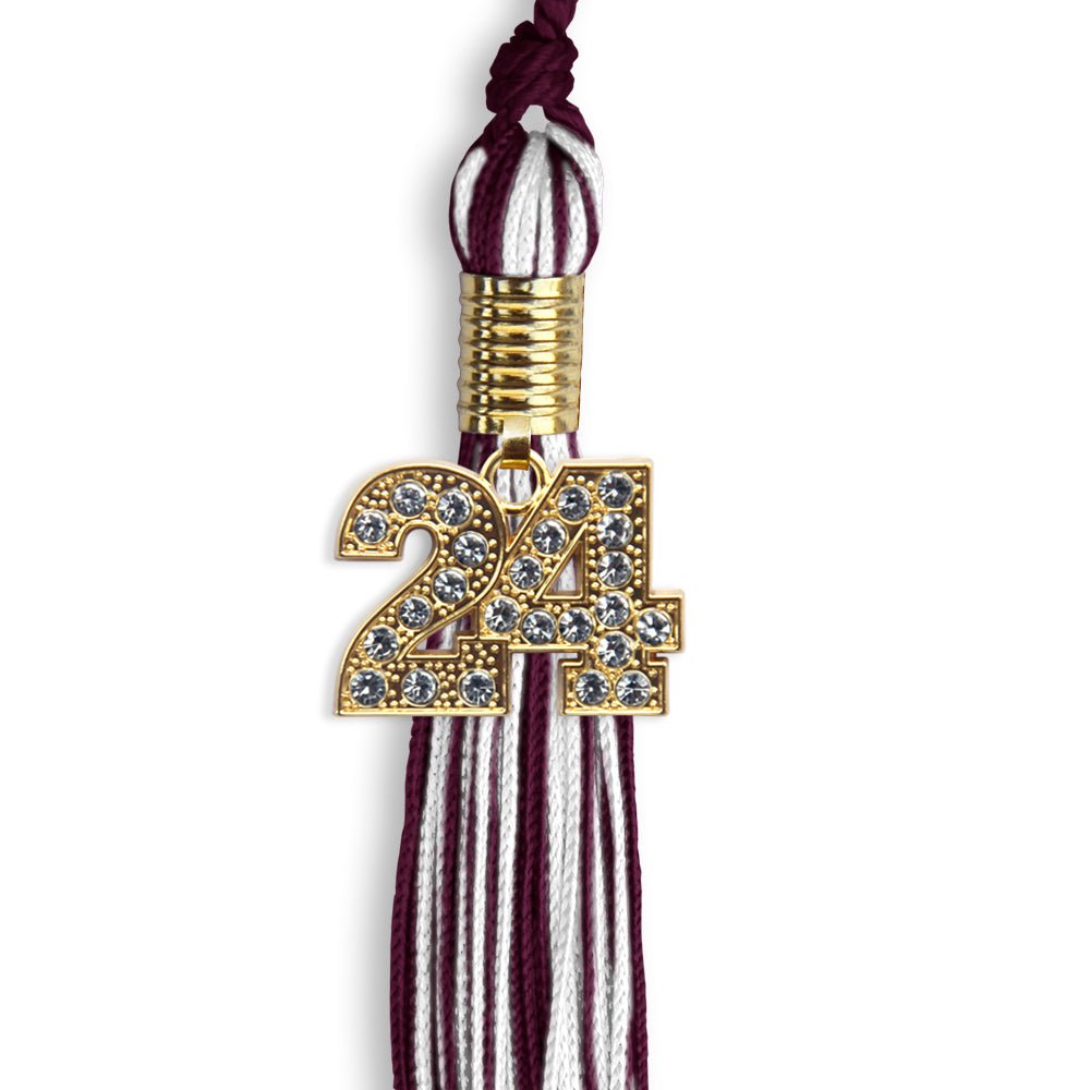 Maroon/White Mixed Color Graduation Tassel with Gold Bling Charm by Wholesale Grad Supply