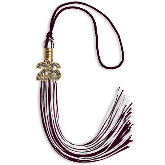 Maroon/White Mixed Color Graduation Tassel with Gold Bling Charm by Wholesale Grad Supply