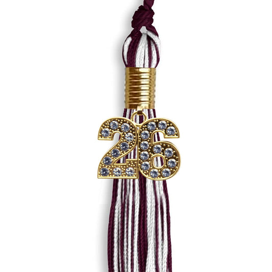 Maroon/White Mixed Color Graduation Tassel with Gold Bling Charm by Wholesale Grad Supply