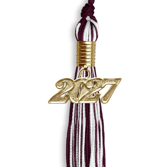 Maroon/White Mixed Color Graduation Tassel with Gold Bling Charm by Wholesale Grad Supply