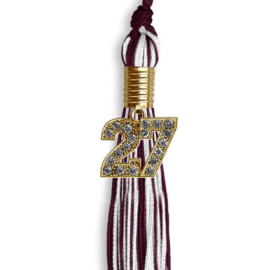 Maroon/White Mixed Color Graduation Tassel with Gold Bling Charm by Wholesale Grad Supply