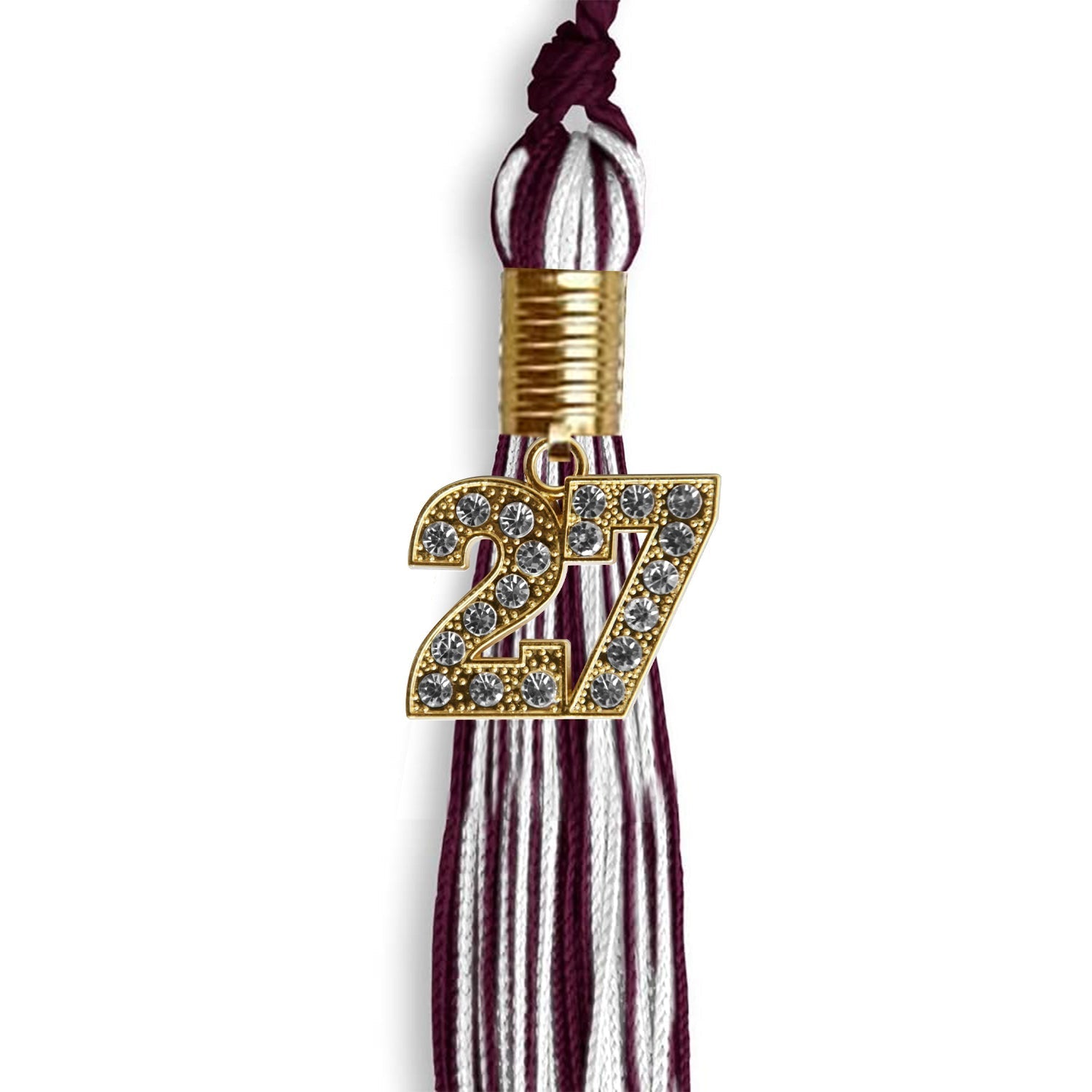 Maroon/White Mixed Color Graduation Tassel with Gold Bling Charm by Wholesale Grad Supply