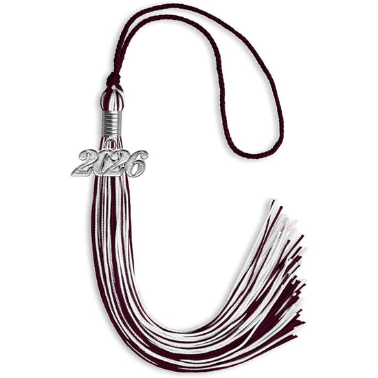 Maroon/White Mixed Color Graduation Tassel with Silver Bling Charm by Wholesale Grad Supply