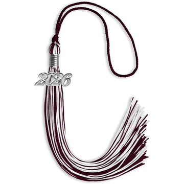 Maroon/White Mixed Color Graduation Tassel with Silver Bling Charm by Wholesale Grad Supply