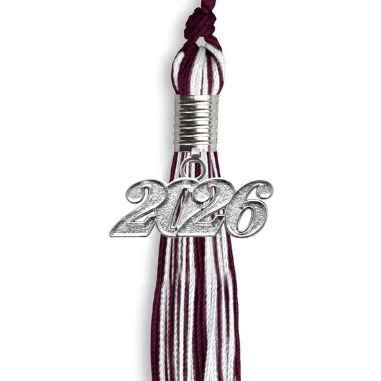 Maroon/White Mixed Color Graduation Tassel with Silver Bling Charm by Wholesale Grad Supply