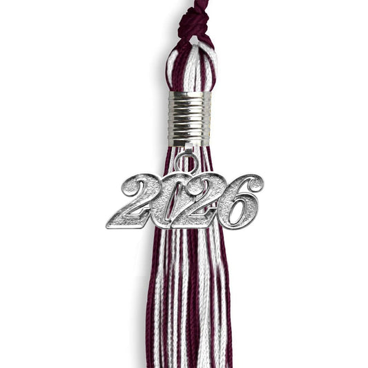 Maroon/White Mixed Color Graduation Tassel with Silver Bling Charm by Wholesale Grad Supply
